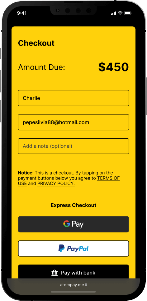 AtomPay's Checkout Screen